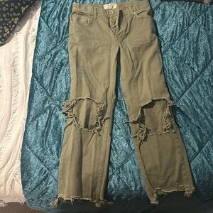 Free people olive wide leg distressed jeans with button fly